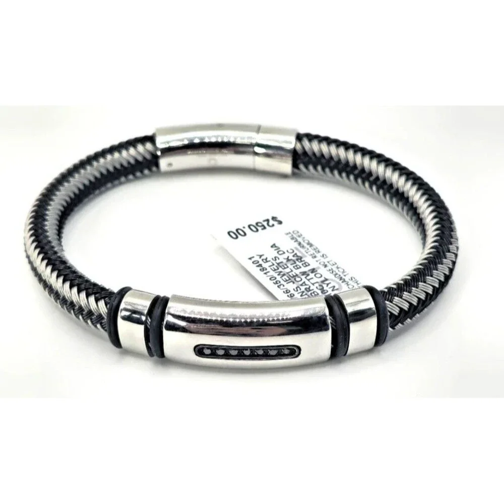 Macy's Men's Black & Silver Stainless Steel Braided Bracelet with Accent Stones